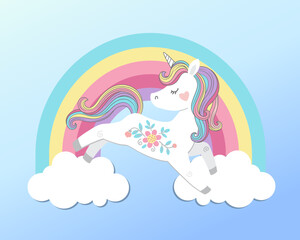 Vector background in for magic design. Cute unicorn jumps on fluffy cloud and bright rainbow in the blue sky