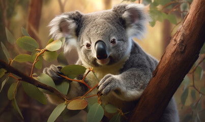  a koala is sitting on a tree branch with leaves.  generative ai