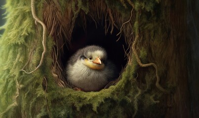 Naklejka na ściany i meble a small bird sitting inside of a mossy tree nest. generative ai