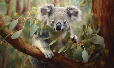  a painting of a koala sitting on a tree branch.  generative ai