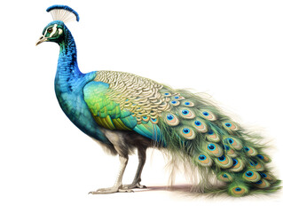 Obraz premium Peacocks are wild birds that nest on the ground but perch on trees. A symbol of elegance. Generative AI