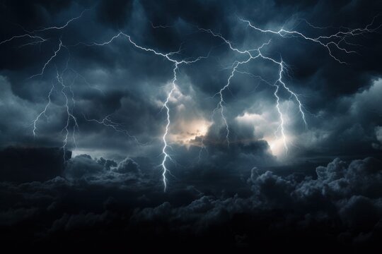 Lightning lightning strikes against the dark cloudy sky, Illustration AI Generative.