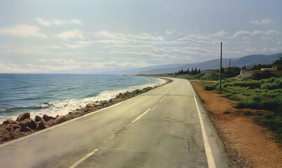  a long road next to the ocean with the ocean in the background.  generative ai