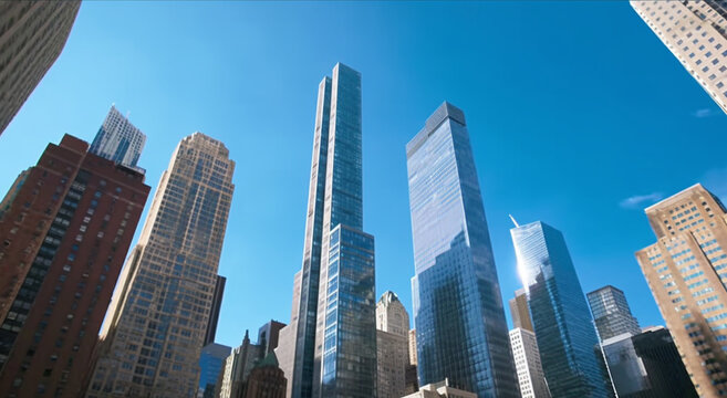 Blick auf Lower Manhattan: Wolkenkratzer und blauer Himmel