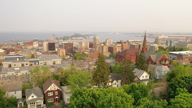 Aerial view of Downtown Duluth, Minnesota, United States. Cityscape, skyline. Spring Summer, sunset