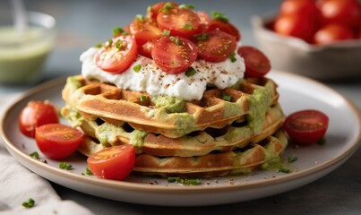  a stack of waffles topped with guacamole and tomatoes.  generative ai