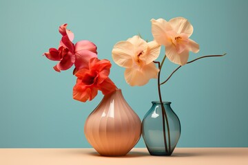 two flowers sit on top of a light background, in the style of photorealistic fantasies, dark cyan and orange, light beige and red, gorgeous colors, diverse color palette,