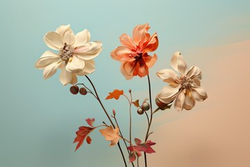 two flowers sit on top of a light background, in the style of photorealistic fantasies, dark cyan and orange, light beige and red, gorgeous colors, diverse color palette,