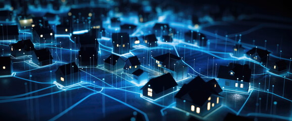 Digital community, smart homes and digital community. DX, Iot, digital network in society concept. suburban houses at night. Hand edited generative AI.
