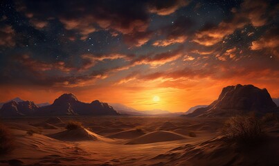 Naklejka premium a painting of a desert landscape with mountains in the distance. generative ai