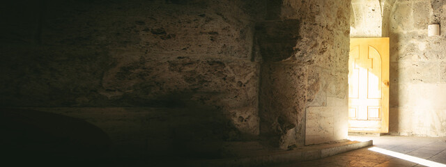 View of opened church wooden door.