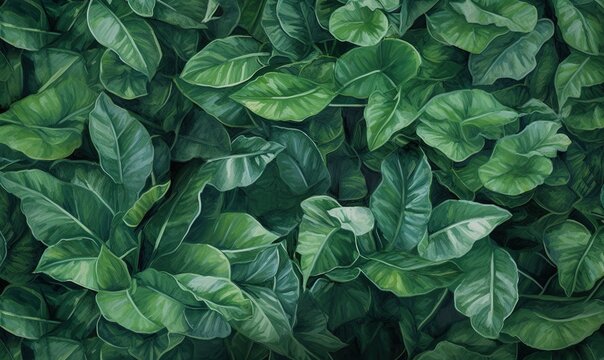  a painting of green leaves on a black background with a white border.  generative ai