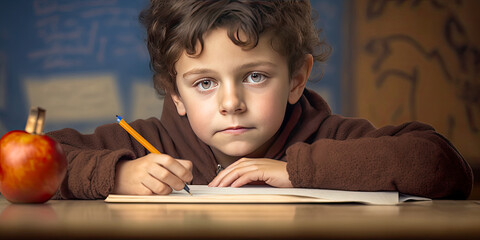 A young boy in primary school writing in his notebook - Generative AI