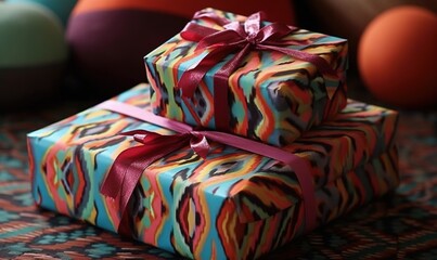 Fototapeta na wymiar two colorful wrapped presents sitting on top of each other on a table. generative ai