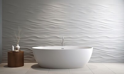 Naklejka na ściany i meble a white bath tub sitting on top of a tiled floor. generative ai