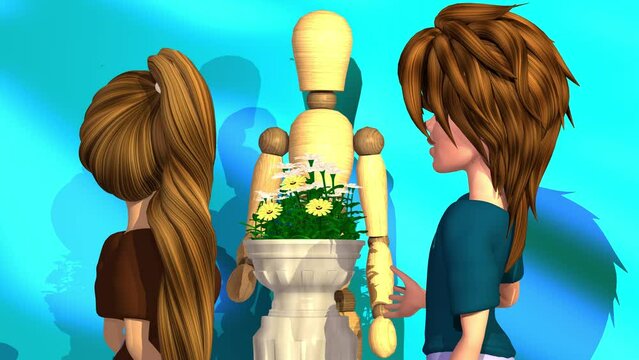 3d animation, two cartoons characters talking in front of a vase with flowers and a puppet. the puppet trying to scare away a fly