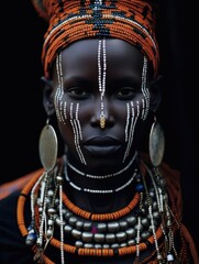 Fototapeta na wymiar Beautiful black tribal girl, tribal leader, africa, generative ai