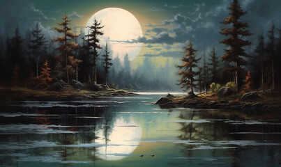 Fototapeta premium a painting of a lake with a full moon in the background. generative ai