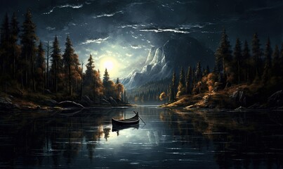  a painting of a boat on a lake with a mountain in the background.  generative ai
