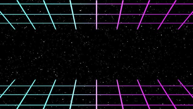 Abstract grid neon animation with moving particles on dark background. Glowing grid lines for networking, big data visualization and communication technology concept.