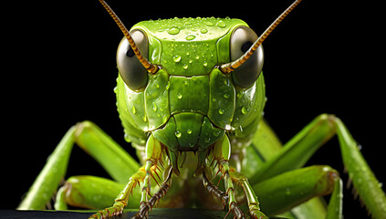 closeup of green grasshopper head isolated on black background - obrazy, fototapety, plakaty