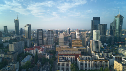 View of modern skyscrapers and business centers in Warsaw. View of the city center from above....