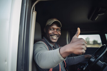 African Man Trucker Driving in a Cabin of His Truck Shows Thumbs Up