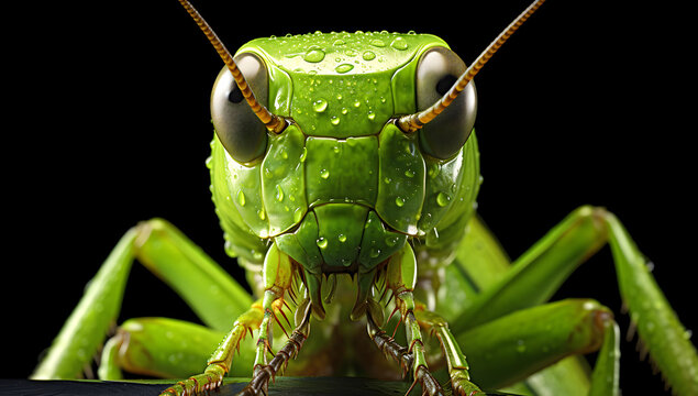 closeup of green grasshopper head isolated on black background
