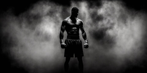 Silhouette of a boxer standing on a dark background and smoke