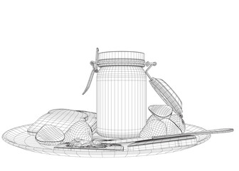 Wireframe healthy morning food and breakfast meals hand drawn with wireframe lines on white background - toasts, strawberry. Vector illustration. 3D.