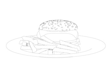 Outline cheeseburger on plate. Contour Big humburger with cutlets, cheese, tomatoes, lettuce. american food. Vector illustration element with humburger. Hand drawn food. Icon, symbol, logo.