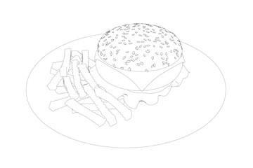 Outline cheeseburger on plate. Contour Big humburger with cutlets, cheese, tomatoes, lettuce. american food. Vector illustration element with humburger. Hand drawn food. Icon, symbol, logo.
