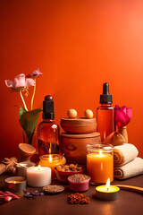 Obraz na płótnie Canvas Beautiful spa composition on orange background. Natural skincare cosmetic products. AI generated