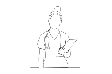 One single line drawing of young female front view happy nurse day ay hospital hallway. Medical health care concept continuous line draw design vector illustration