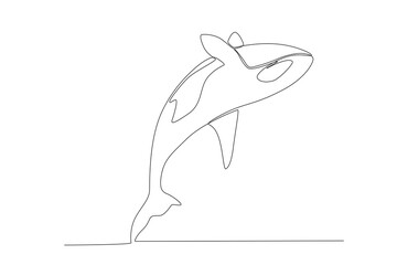 Single continuous line drawing whale killer in water. Orca in swimming pool. Wild whale killer fish swimming in sea life. Orca in under ocean water.
