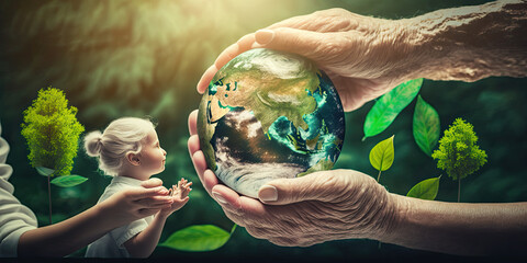 An inspiring image of a child and senior holding the planet in their hands - Generative AI