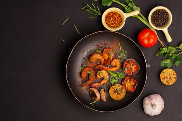 Grilled prawns served on a plate with lemon. Garlic on dark black background. Seafood. Top view.