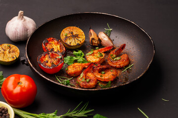 Grilled prawns served on a plate with lemon. Garlic on dark black background. Seafood. Top view.