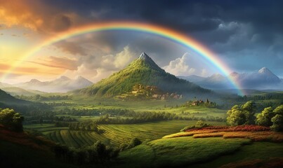 Obraz premium a painting of a rainbow in the sky over a green valley. generative ai