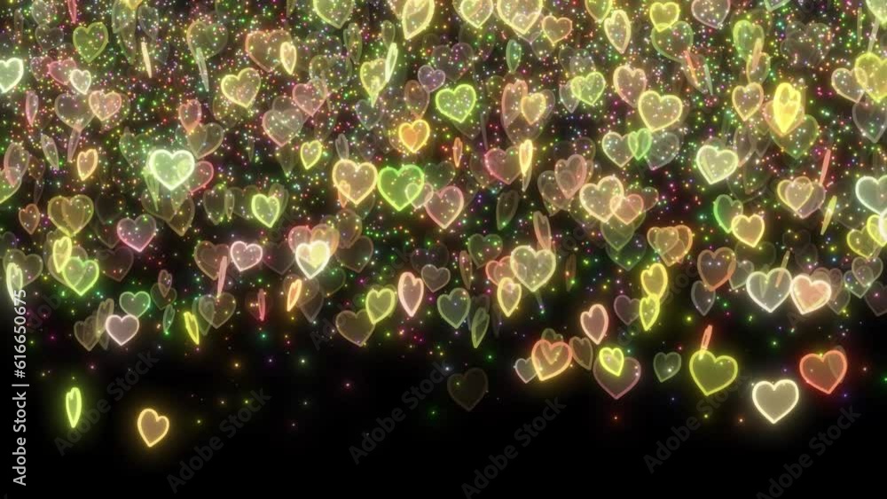 Poster glowing heart falling on dark black background with colorful particle, heart made with particle roma