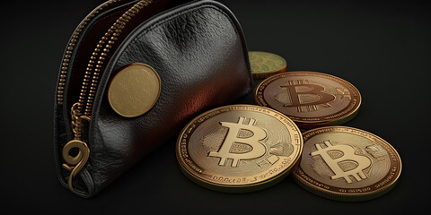 Bitcoin gold coins with wallet close-up. Virtual crypto - Generative AI