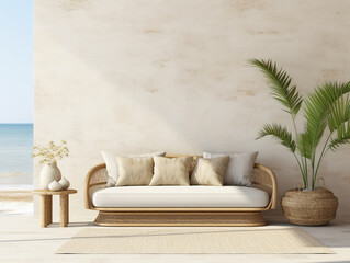 Home mockup interior background with rattan furniture, Mockups Design 3D, HD