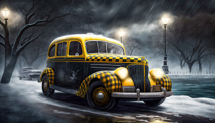 A checkered yellow and black taxi cab in New York. Central Park under the snow - Generative AI