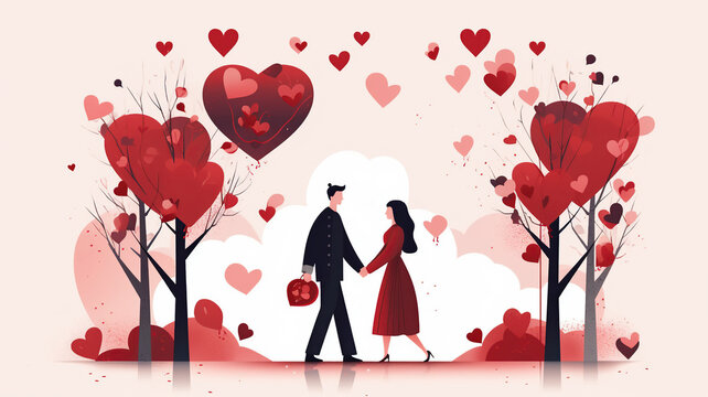 Young couple holding hands in park with many heart floating, art