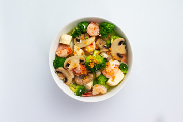 Tofu Mushroom Soup with Seafood