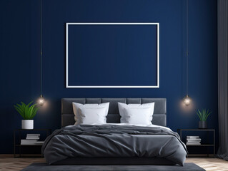 Mockup Frame In Dark blue bedroom interior background , Mockups Design 3D, HD