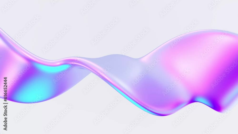Poster flowing chrome wave shape with colorful reflections. 3d render.