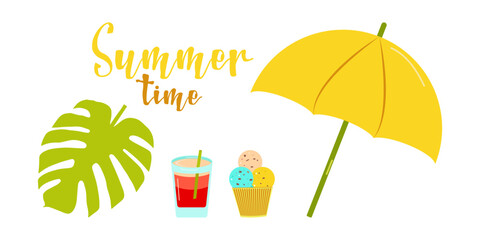 Set of summer elements, beach, summer accessory. Palm leaf, umbrella, ice cream, fruit cocktail. Rest. Vector flat illustration.