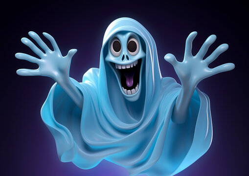 Scary ghost images with zombie hands create fear on Halloween night. In front of a clean background in cartoon style 3D design. AI generated.