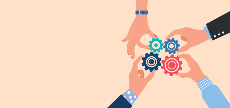 hands holding a gear tools wheel, teamwork concept design 